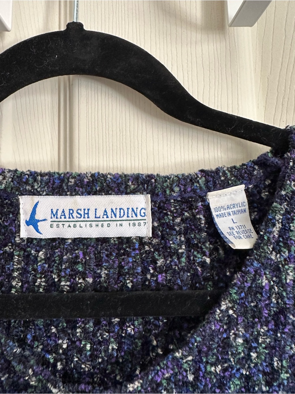 Marsh Landing Bouclé Knit Crewneck Sweater in Purple, Green & Black